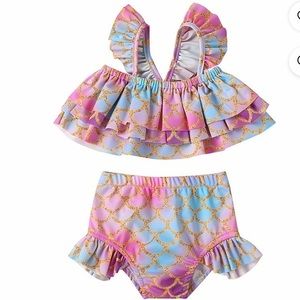 NWT Girls Mermaid Bikini Set Ruffle‎ Tiered Top and Bottoms 2 PCs Swimsu…